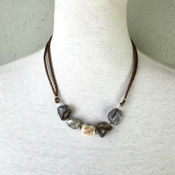 Studio Barse Gray Quartz Stone Bronze Braided Leather Short Necklace - Picture 1 of 10